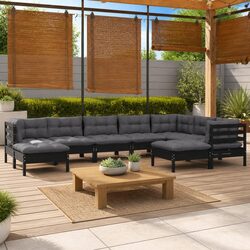 Garden Lounge Set 9 Piece Outdoor Patio Furniture with Cushions Black Pinewood
