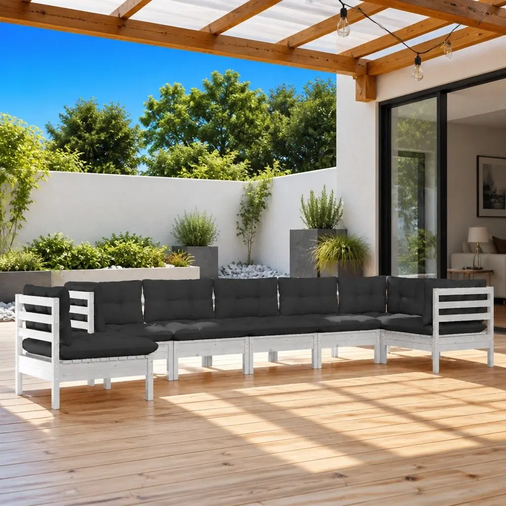 8 Piece Garden Lounge Set White Solid Pinewood Modular Outdoor Patio Furniture with Cushions