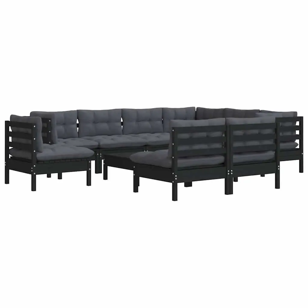 Modular Outdoor Patio Furniture Set 10 Piece Black Garden Lounge with Solid Pinewood Construction and Cushions for Comfort