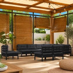 Garden Lounge Set 10 Piece Outdoor Patio Furniture with Cushions Black Pinewood