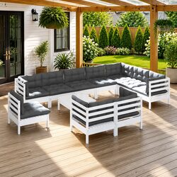 White Solid Pinewood Modular 11 Piece Garden Lounge Set