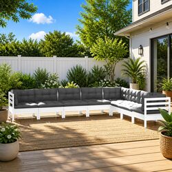 Garden Lounge Set 8 Piece White Pinewood Patio Furniture with Cushions Modular
