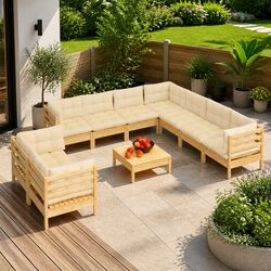 Garden Lounge Set 10 Piece Outdoor Patio Furniture Cream Cushions Pinewood