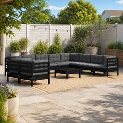Garden Lounge Set 11 Piece Outdoor Furniture Black Pinewood with Cushions