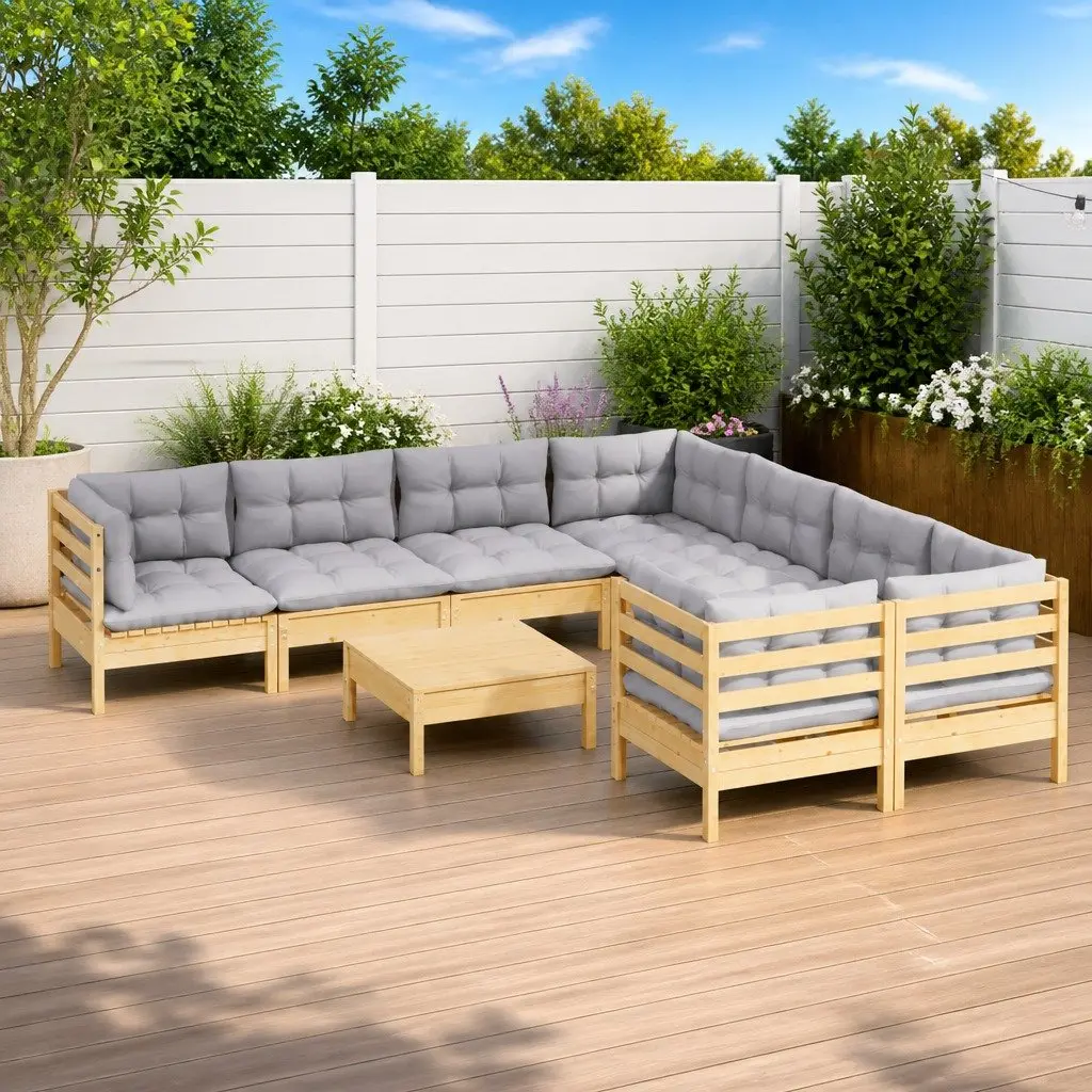 Garden Lounge Set 9 Piece Outdoor Patio Furniture Grey Cushions Solid Pinewood