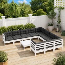 Garden Lounge Set 11 Piece White Pinewood Outdoor Furniture with Cushions Patio