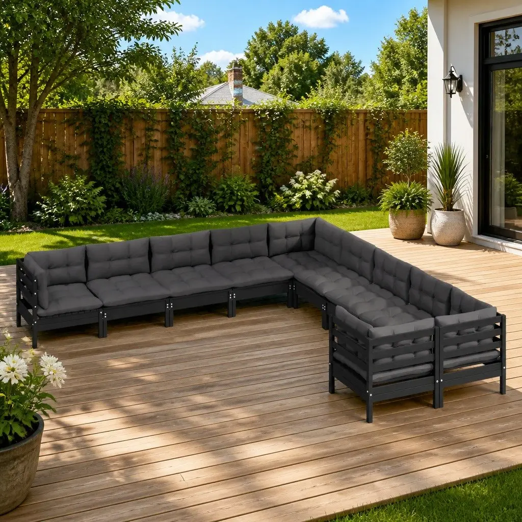 Garden Lounge Set 10 Piece Outdoor Patio Furniture Solid Pinewood Black with Cushions