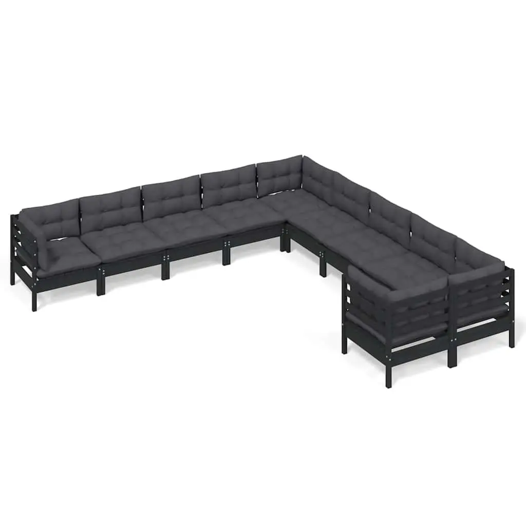 Garden Lounge Set 10 Piece Outdoor Patio Furniture Solid Pinewood Black with Cushions