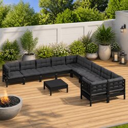 Garden Lounge Set 11 Piece Outdoor Patio Furniture Black Pinewood with Cushions