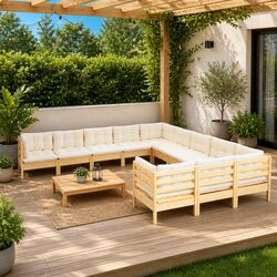 Garden Lounge Set 11 Piece Outdoor Patio Furniture Pinewood Cream Cushions