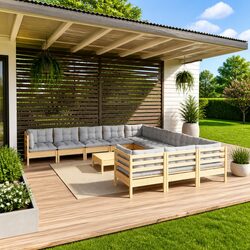 Garden Lounge Set 12 Piece Wooden Patio Furniture Grey Cushions Modular