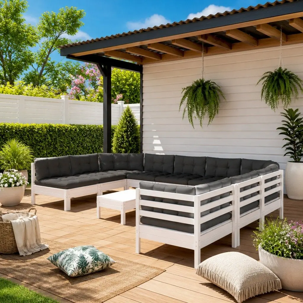 Garden Lounge Set 12 Piece White Pinewood Modular Outdoor Furniture with Cushions