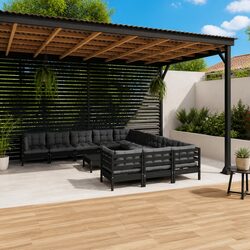 Garden Lounge Set 12 Piece Black Pinewood Outdoor Patio Furniture with Cushions