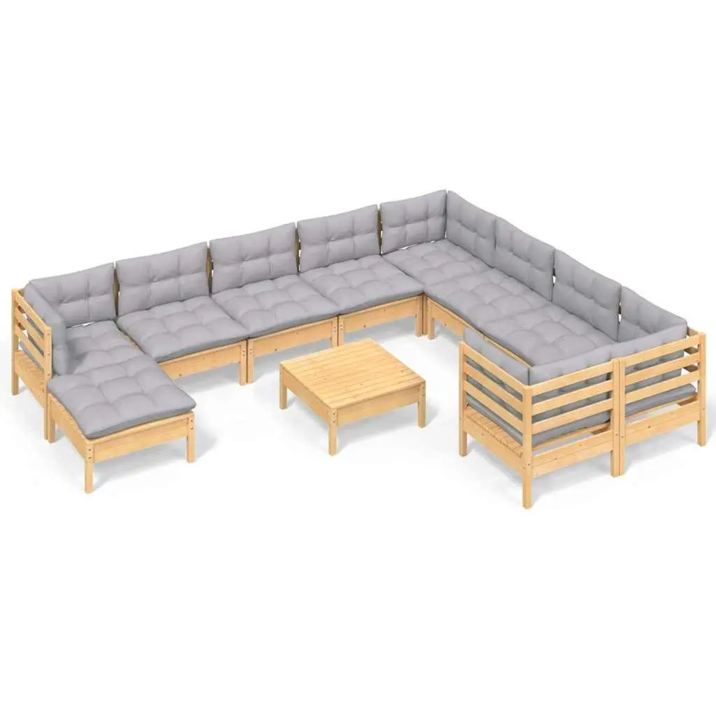 Garden Lounge Set 11 Piece Outdoor Patio Furniture Grey Cushions Solid Pinewood