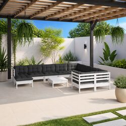 Garden Lounge Set 11 Piece White Pinewood Outdoor Furniture with Cushions Patio