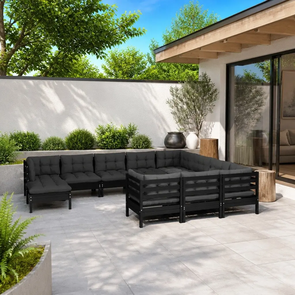 Garden Lounge Set 11 Piece Modular Outdoor Patio Furniture Solid Pinewood with Cushions Black