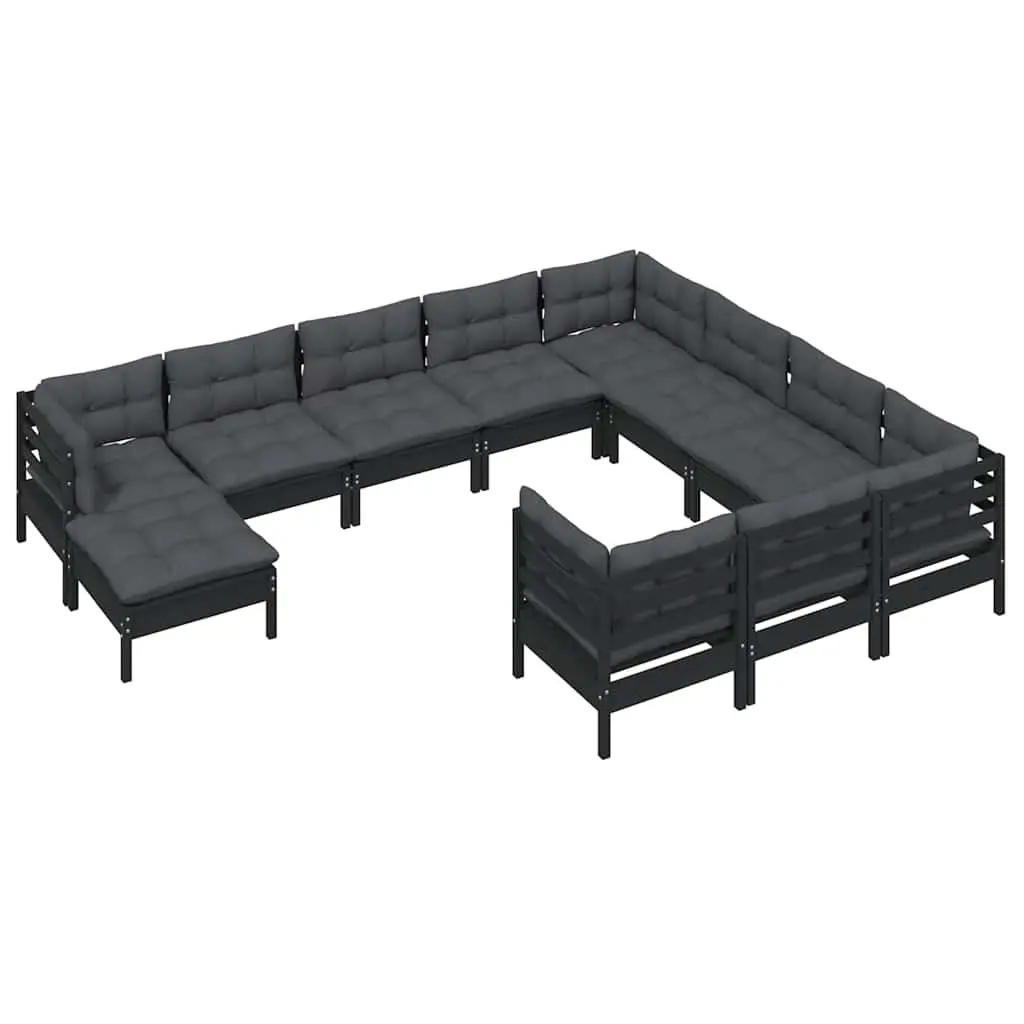 Garden Lounge Set 11 Piece Modular Outdoor Patio Furniture Solid Pinewood with Cushions Black