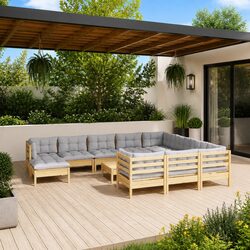 Garden Lounge Set 12 Piece Outdoor Patio Furniture Grey Cushions Pinewood
