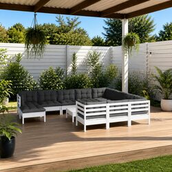 Garden Lounge Set 12 Piece Wooden Patio Furniture with Cushions White Outdoor