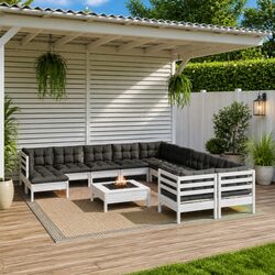 Garden Lounge Set 12 Piece White Pinewood Outdoor Furniture with Cushions