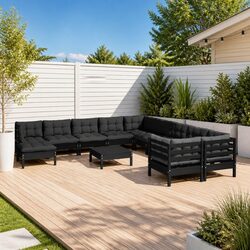 12 Piece Outdoor Garden Lounge Set with Cushions Black Pinewood Patio Furniture