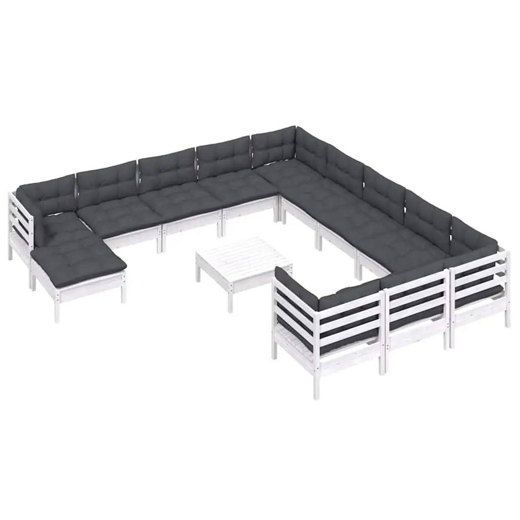 Garden Lounge Set 13 Piece White Pinewood Modular Outdoor Furniture with Cushions