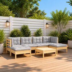 Garden Lounge Set 7 Piece Outdoor Patio Furniture with Grey Cushions Pinewood