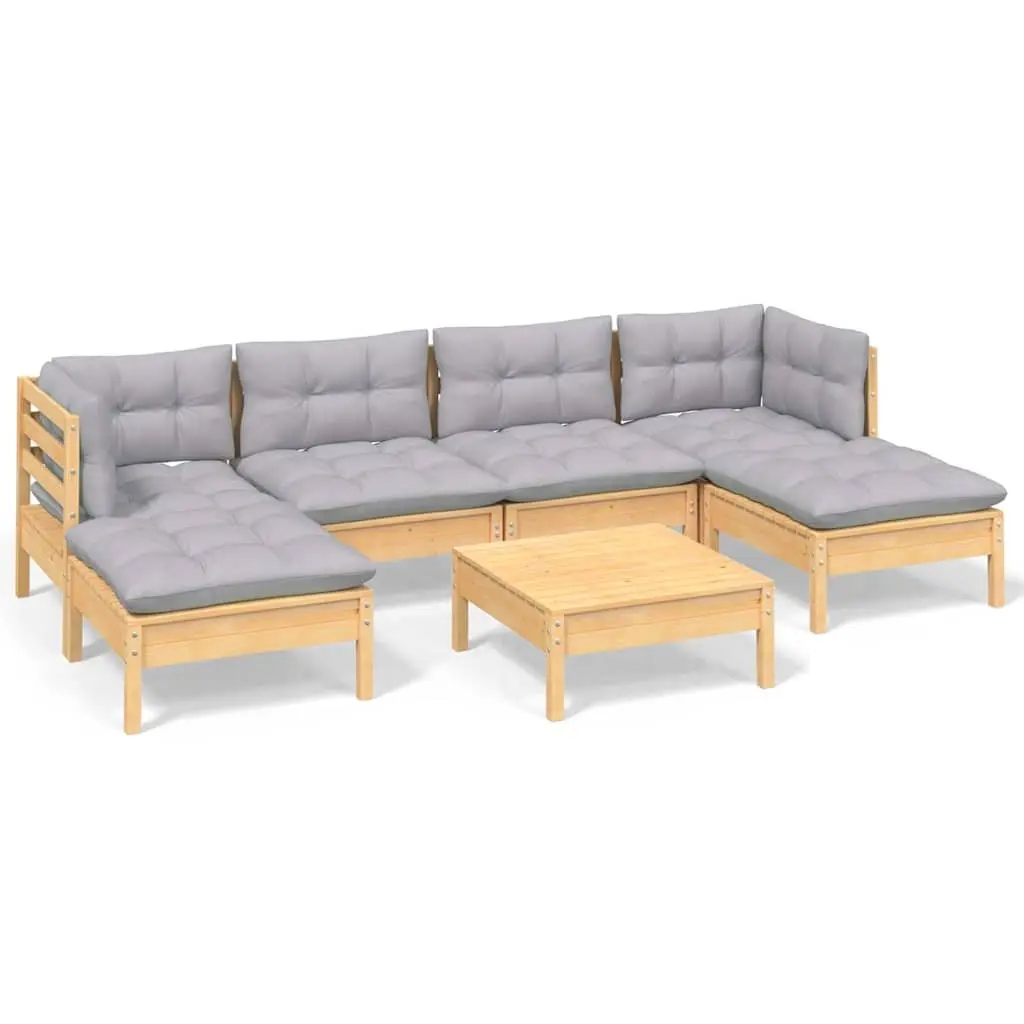 Garden Lounge Set 7 Piece Modular Outdoor Patio Furniture with Grey Cushions Pinewood