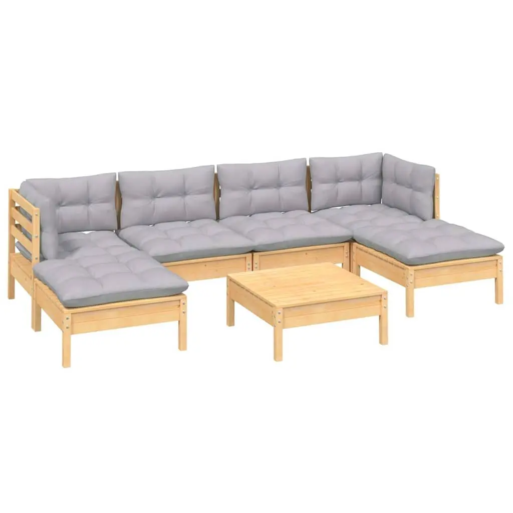 Garden Lounge Set 7 Piece Modular Outdoor Patio Furniture with Grey Cushions Pinewood