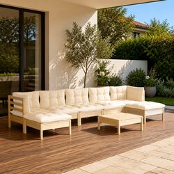 Wooden Garden Lounge Set 8 Piece Outdoor Patio Furniture with Cream Cushions