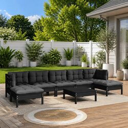 8-Piece Modular Black Pinewood Patio Furniture Set with Cushions