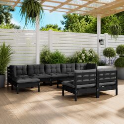Garden Lounge Set 10 Piece Black Pinewood Patio Furniture with Cushions Outdoor