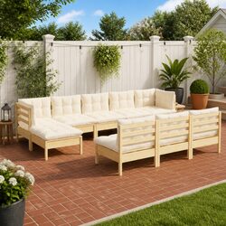 10 Piece Garden Lounge Set Outdoor Patio Furniture Pinewood with Cream Cushions