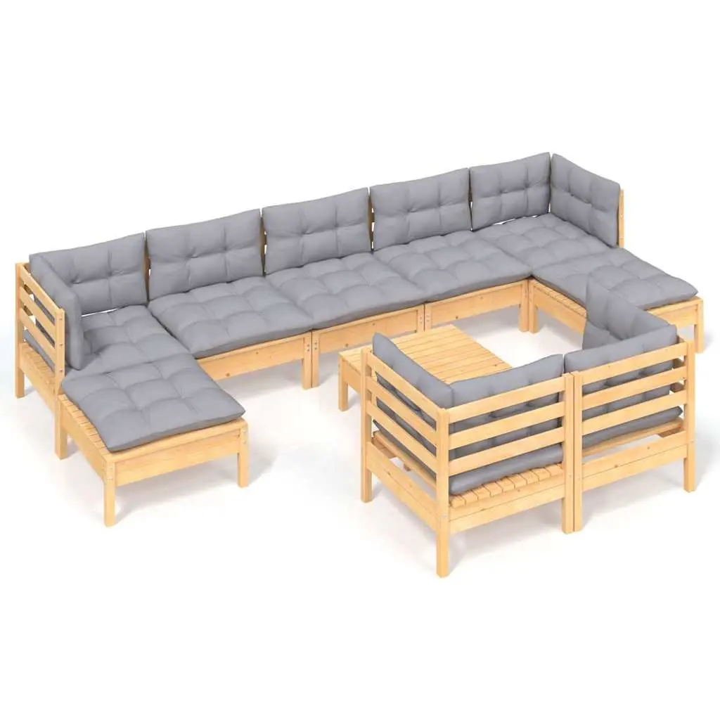 Garden Lounge Set 10 Piece Modular Outdoor Furniture Solid Pinewood Grey Cushions