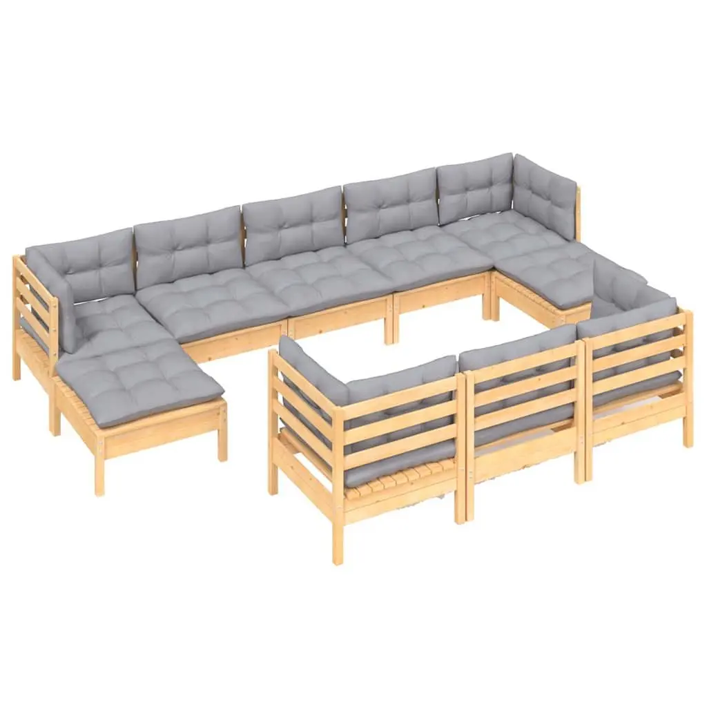 Garden Lounge Set 10 Piece Modular Outdoor Furniture Solid Pinewood Grey Cushions