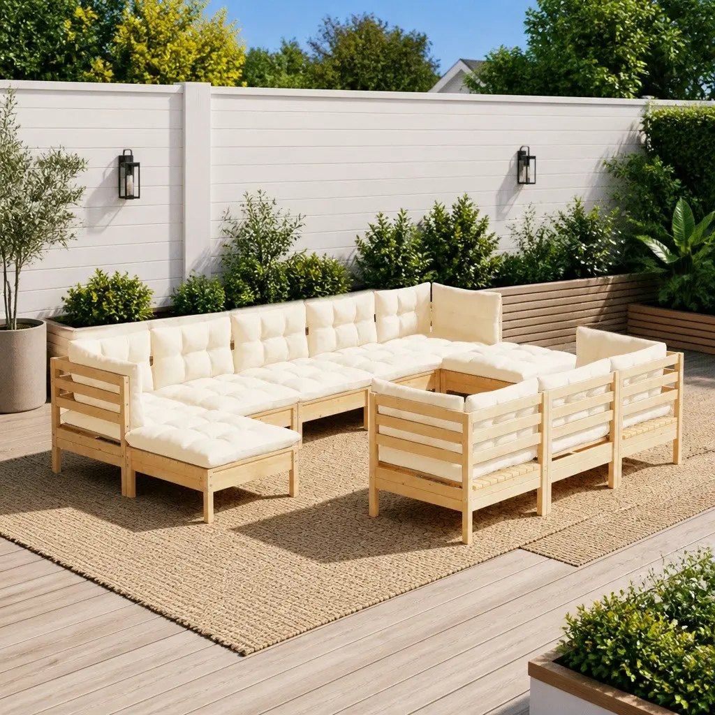 10PieceOutdoorLoungeSetPinewoodConstructionComfortCushionsGardenFurniture