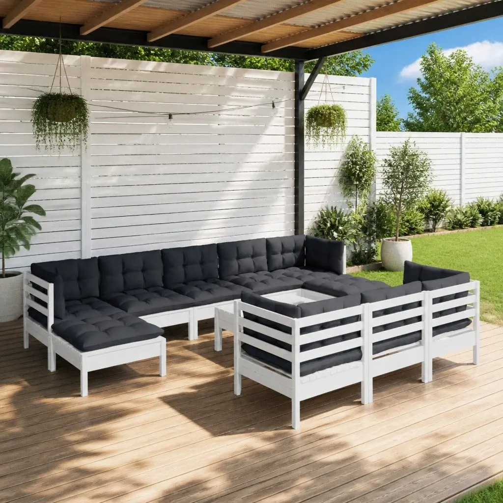 11 Piece Garden Lounge Set White Solid Pinewood Outdoor Patio Furniture with