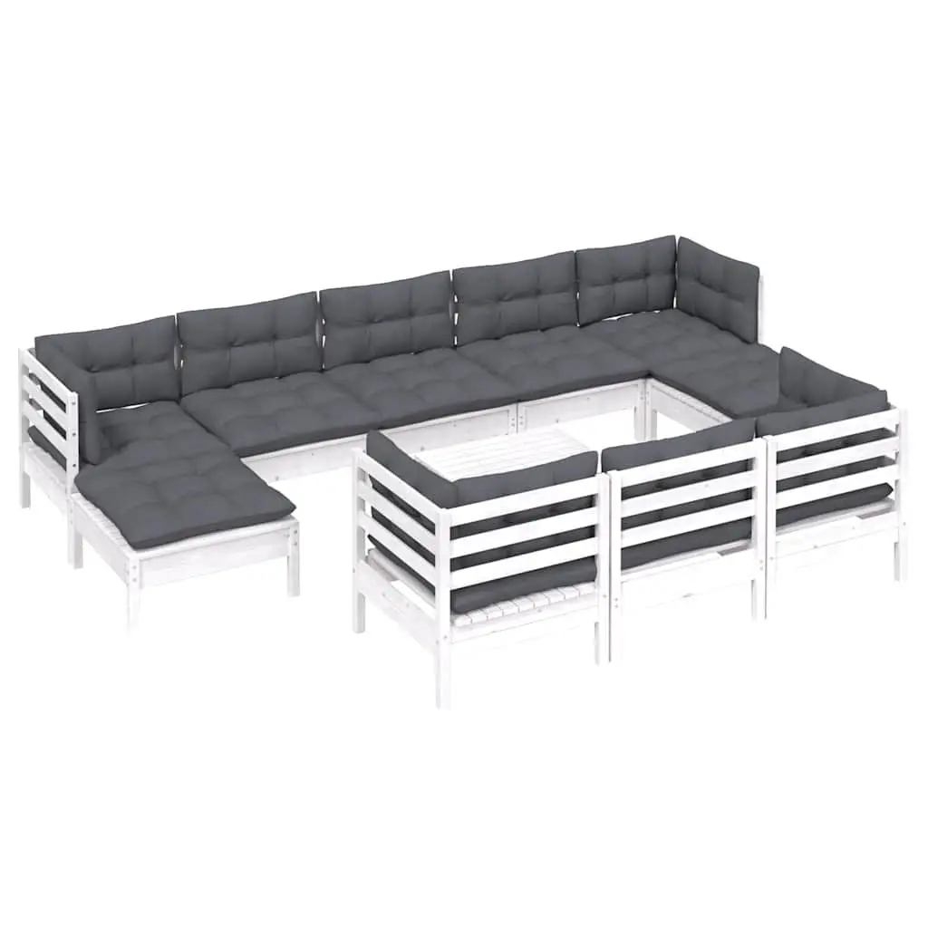 11 Piece Garden Lounge Set White Solid Pinewood Outdoor Patio Furniture with