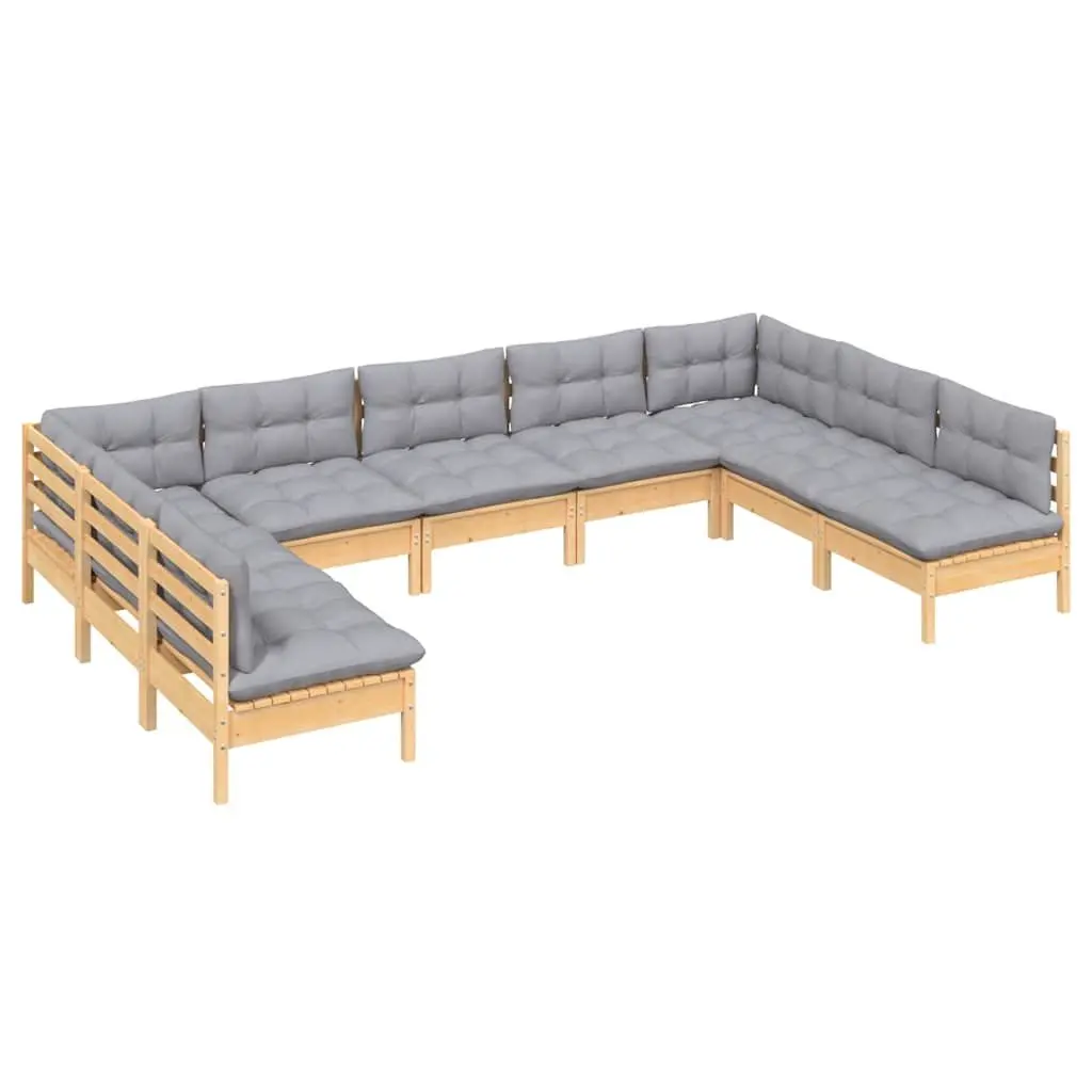 Garden Lounge Set 9 Piece Modular Seating Solid Pinewood Frame Grey Cushions