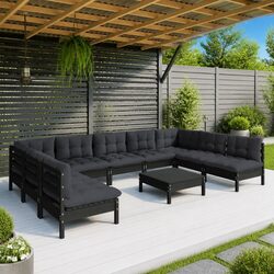 Garden Lounge Set 10 Piece Outdoor Patio Furniture Black Pinewood with Cushions