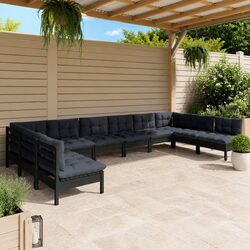 Garden Lounge Set 10 Piece Outdoor Patio Furniture Black Pinewood with Cushions