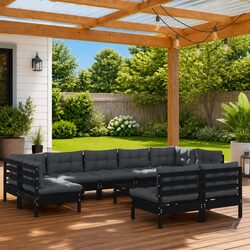 Garden Lounge Set 10 Piece Black Solid Pinewood Patio Furniture with Cushions