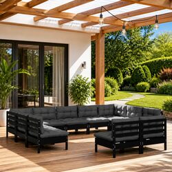 Garden Lounge Set 11 Piece Outdoor Patio Furniture Black Pinewood with Cushions