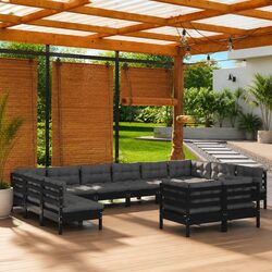 Garden Lounge Set 12 Piece Outdoor Furniture Black Pinewood with Cushions