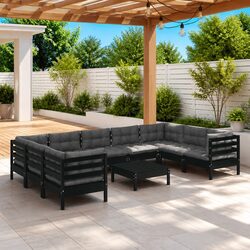 Garden Lounge Set 10 Piece Black Pinewood Patio Furniture with Cushions Modular