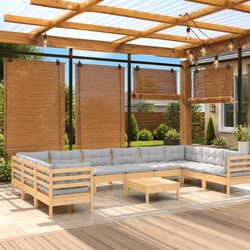 Garden Lounge Set 11 Piece Outdoor Patio Furniture Grey Cushions Pinewood