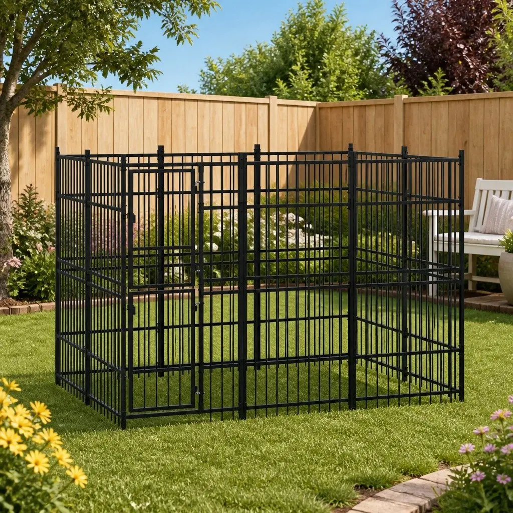 Dog Kennel 5.53 m² Steel Outdoor Exercise Enclosure Hinged Door Lockable Latch