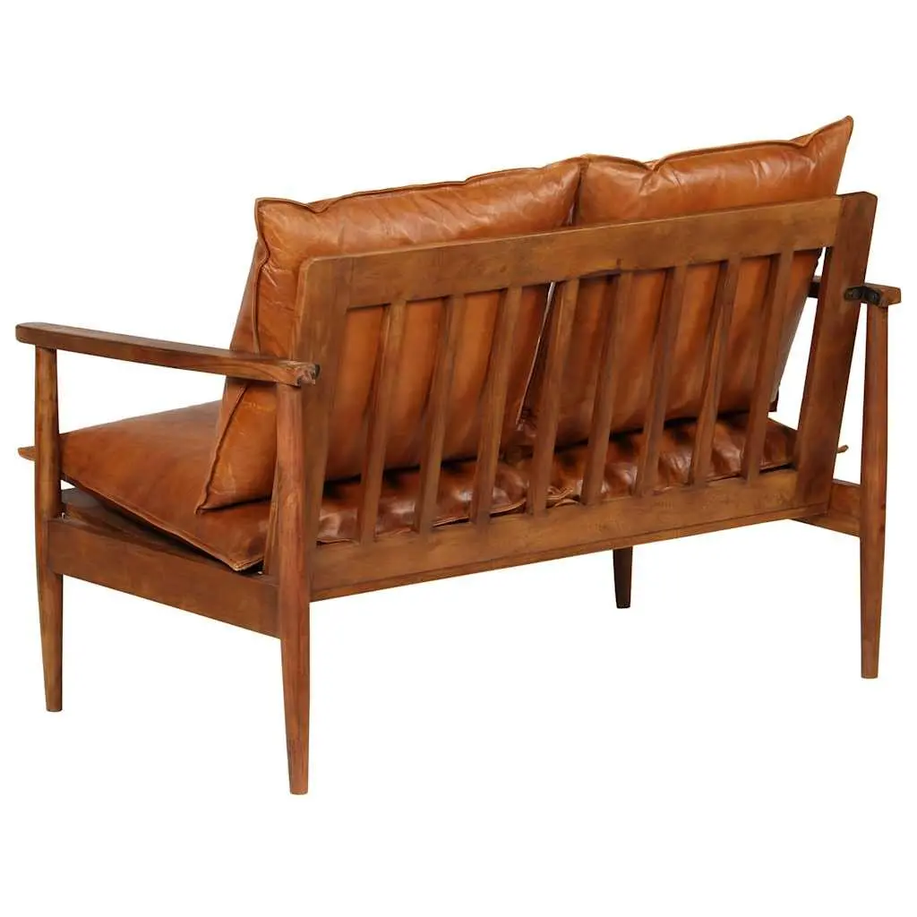 3 Piece Sofa Set Brown Goat Leather Upholstered Handmade Solid Acacia Wood Frame Living Room