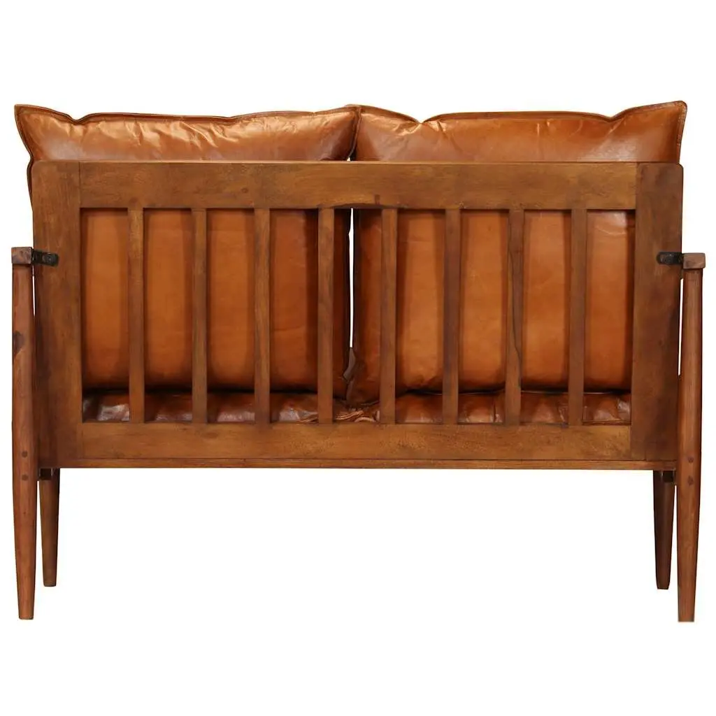 3 Piece Sofa Set Brown Goat Leather Upholstered Handmade Solid Acacia Wood Frame Living Room