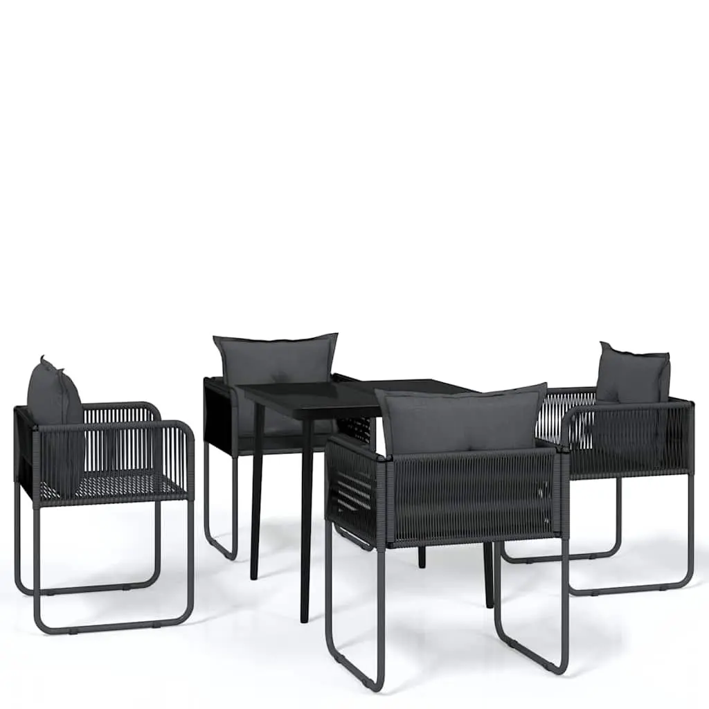 5 Piece Outdoor Garden Dining Set Black Steel Frame Glass Table Rattan Chairs with Back Pillows